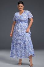 Curveins Plus Size V-Neck Floral Ruffle Hem Maxi Dress