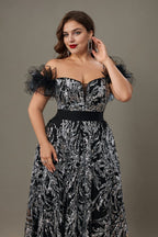 Curveins Plus Size Off Shoulder Sequin Pattern Cinched Waist Maxi Dress