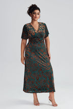 Curveins Plus Size Velvet Surplice Vintage Plain Maxi Dress