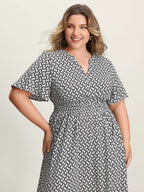 Geometric Print Waist-Cinched Tiered Midi Dress
