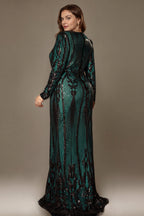 Curveins Elegant Plus Size V-Neck Floral Long Sleeve Sequin Bodycon Dress