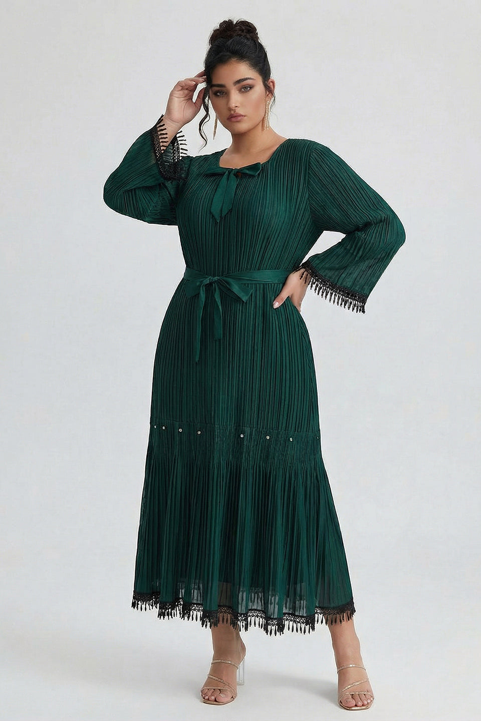 Curveins Plus Size Square Neck Long Sleeve Tie-Up Fringe Maxi Dress