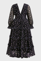 Curveins Plus Size V Neck Long Sleeve Floral Tiered Maxi Dress