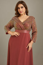 Curveins Plus Size V-Neck Long Sleeve Glitter Patchwork Waist-Fitted Maxi Dress