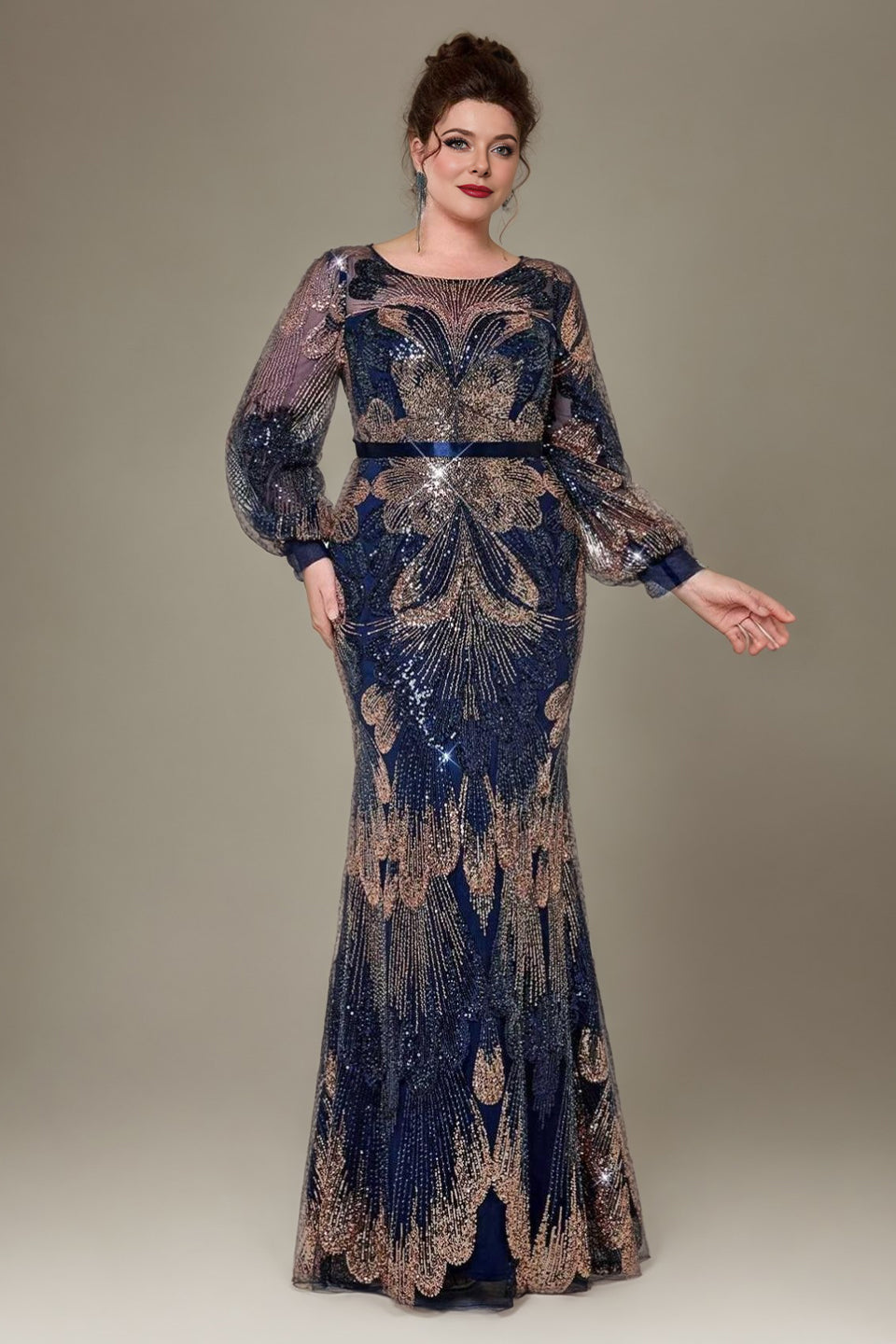 Curveins Plus Size Round Neck Long Sleeve Sequin Fishtail Maxi Dress