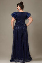 Curveins Plus Size Designer Lace Detail Sequin Short Sleeve Long Dress