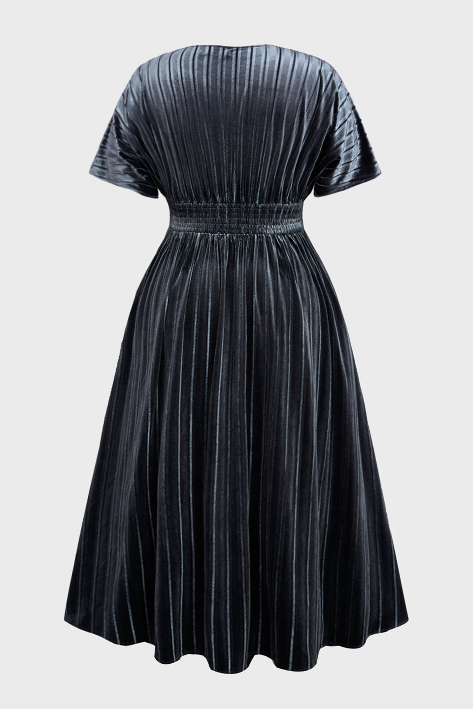 Curveins Plus Size V-Neck Batwing Sleeve Pleated A-Line Velvet Midi Dress