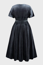Curveins Plus Size V-Neck Batwing Sleeve Pleated A-Line Velvet Midi Dress