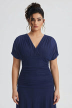 Curveins Plus Size V Neck Batwing Sleeve Cinched Waist Maxi Dress