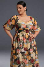 Curveins  Plus Size Draped Collar Foral Maxi Dress