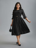 Crew Neck Polka Dot Waist Cinched Dress