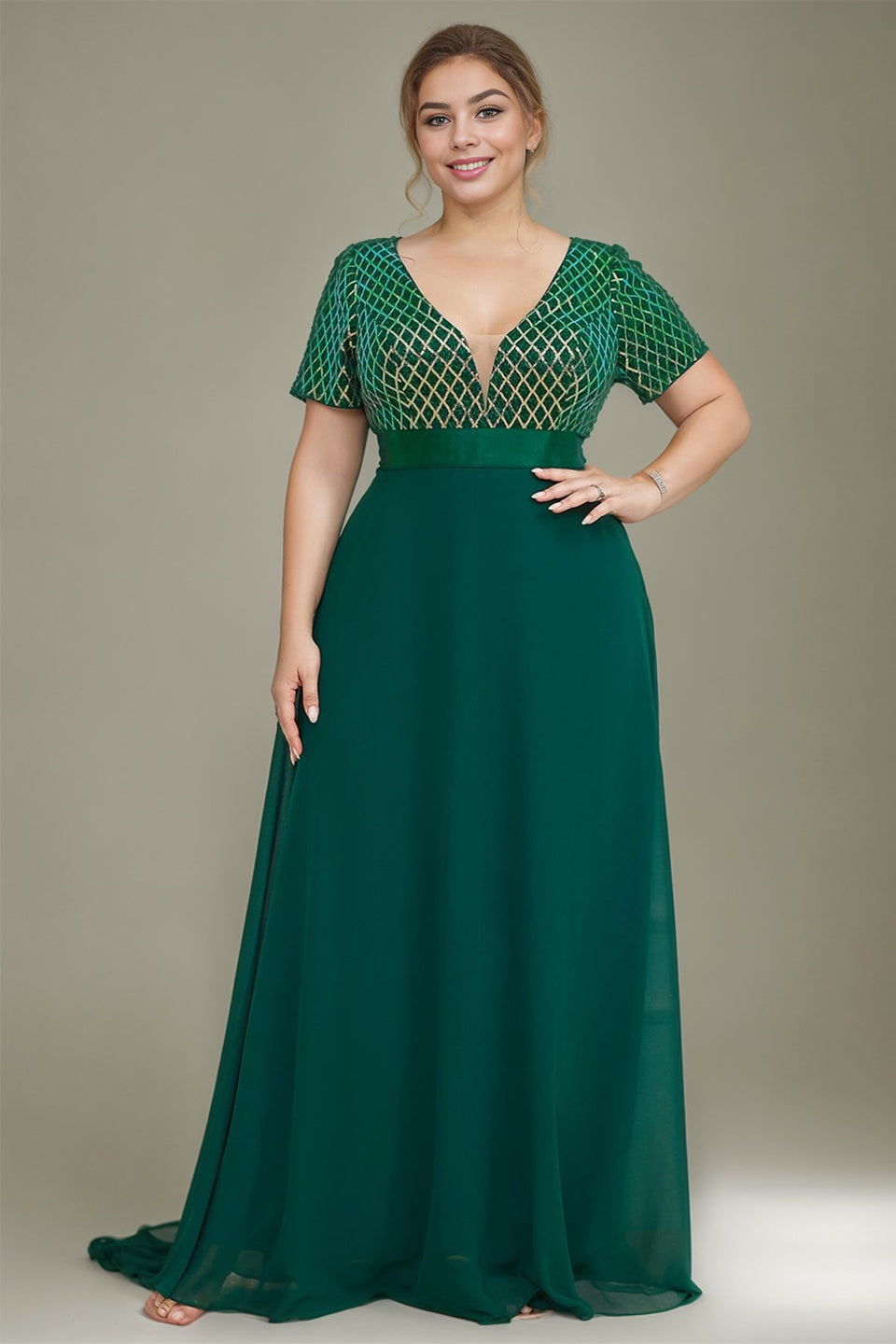 Curveins Plus Size Sequin V-Neck Short Sleeve Maxi Evening Gown