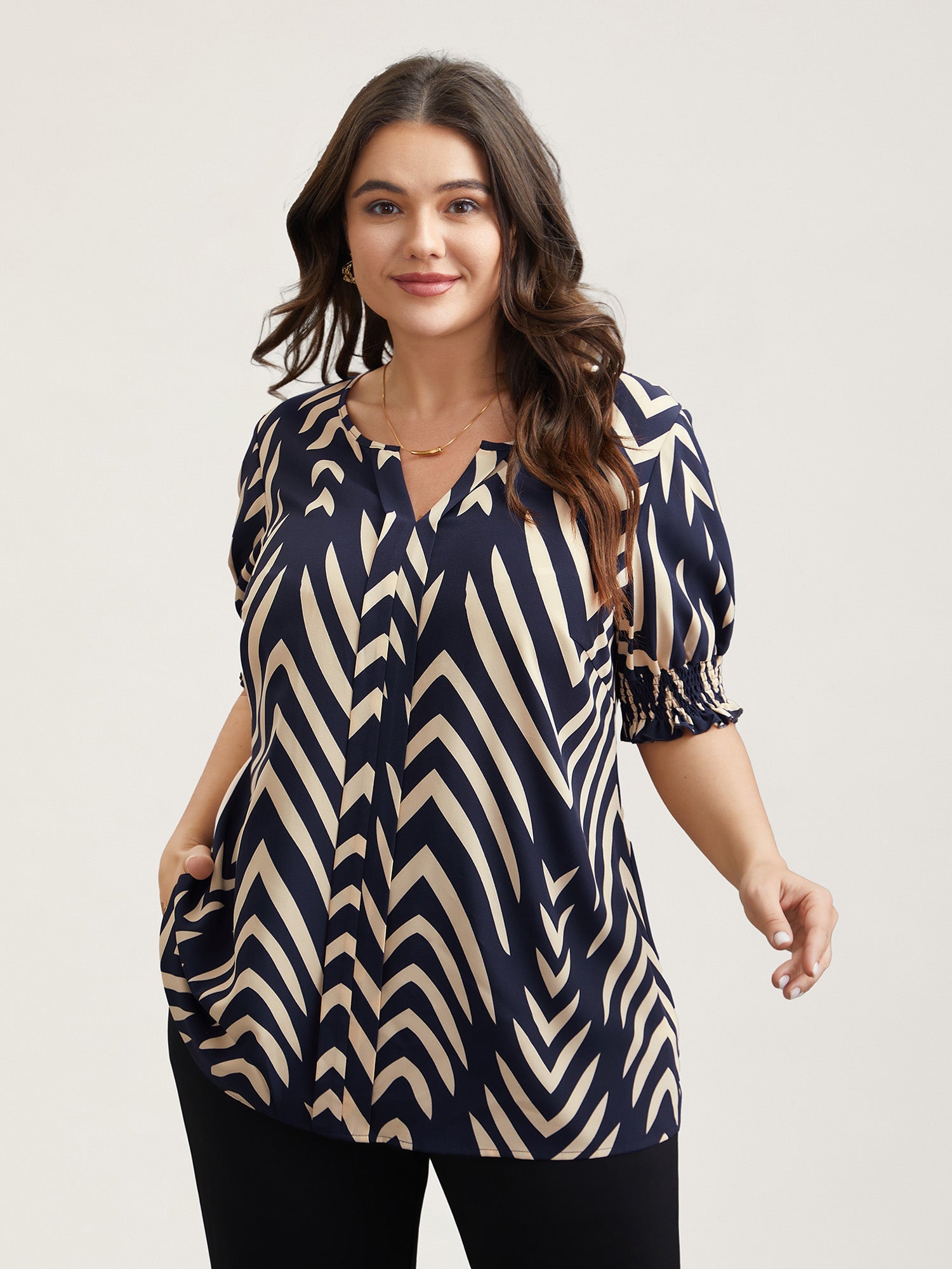 Geometric Print Ruffled Shirred Blouse
