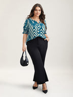 Geometric Print Ruffled Shirred Blouse