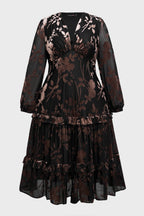 Curveins Plus Size Velvet V-Neck Lantern Sleeve Tiered Midi Dress