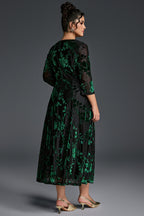 Curveins Plus Size V-Neck Three Quarter Sleeve Patterned Velvet Maxi Dress
