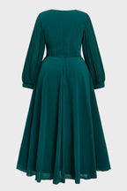 Curveins Plus Size Crew Neck Long Sleeve Pleated Midi Dress