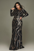 Curveins Plus Size Round Neck Long Sleeve Sexy Sequin Maxi Party Dress