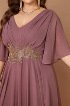 Curveins Plus Size Batwing Sleeve V Neck Gathered Waist Elegant Maxi Dress
