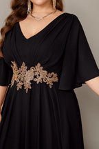 Curveins Plus Size Batwing Sleeve V Neck Gathered Waist Elegant Maxi Dress