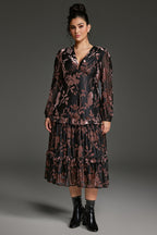 Curveins Plus Size Velvet V-Neck Lantern Sleeve Tiered Midi Dress
