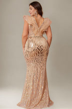 Curveins Elegant Curve Hugging V Neck Sleeveless Sequin Evening Gown