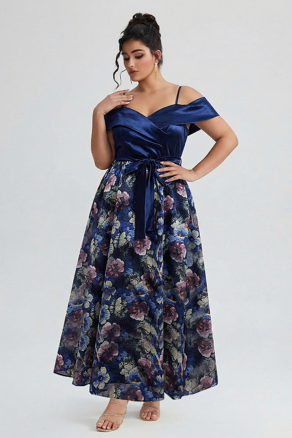 Curveins Plus Size Spaghetti Strap Off-Shoulder Printed Maxi Dress with Patchwork Detail