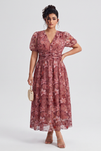 Curveins Plus Size V Neck Short Sleeve Floral Ruched Waist Flowy Elegant Maxi Dress