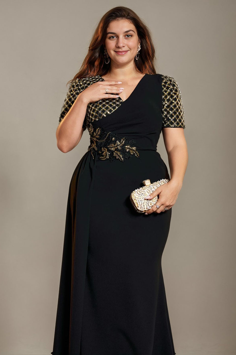 Curveins Elegant Plus Size Spliced V-Neck Floral Waistline Long Dress