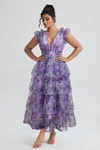 Curveins Plus Size V-Neck Sleeveless Floral Tiered Maxi Dress with Decorative Shoulder Detail