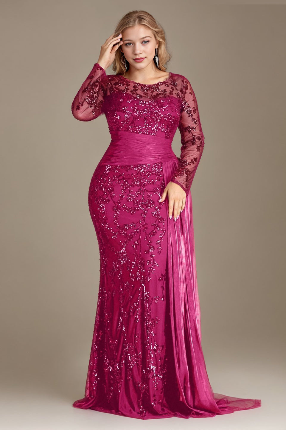 Curveins Plus Size Round Neck Embroidered Tie-Sash Bodycon Maxi Dress