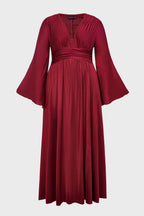 Curveins Plus Size Solid Color Long Sleeve V Neck Ruched Waist Elegant Maxi Dress