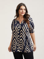 Geometric Print Ruffled Shirred Blouse