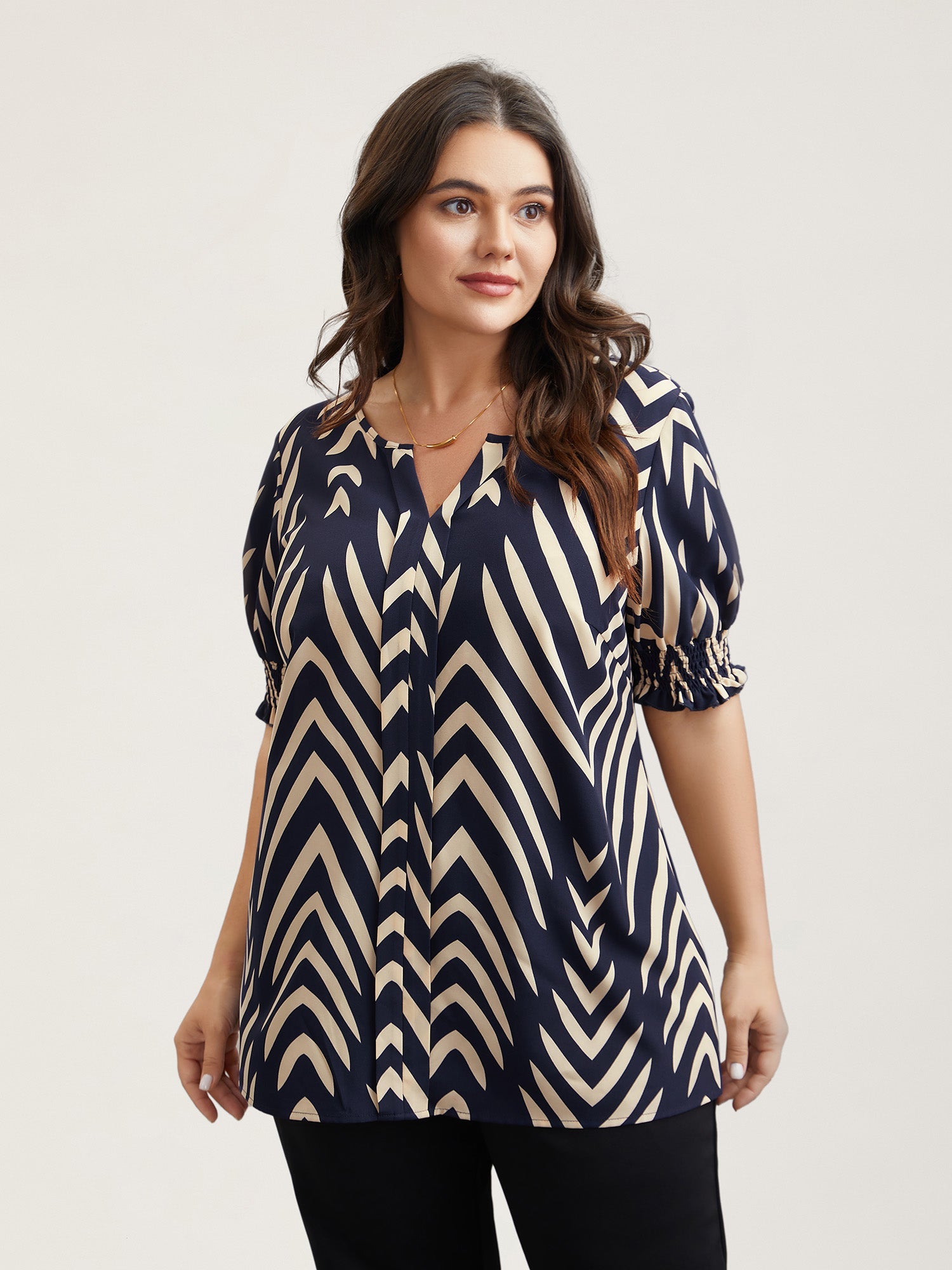 Geometric Print Ruffled Shirred Blouse