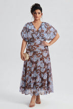 Curveins Plus Size V Neck Puff Sleeve Waist Defining Floral Print Elegant Maxi Dress