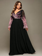 Curveins Plus Size V-Neck Floral Patchwork Maxi Dress with Flattering Flare Sleeves