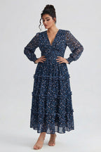Curveins Plus Size V Neck Long Sleeve Floral Tiered Maxi Dress