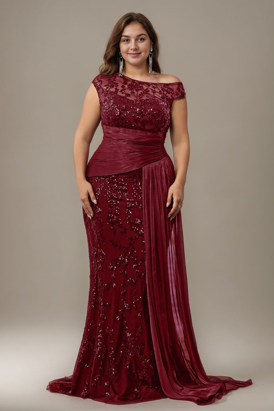 Curveins Plus Size One Shoulder Sleeveless Embroidered Sequin Patchwork Bodycon Maxi Dress