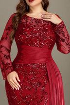 Curveins Plus Size Round Neck Embroidered Tie-Sash Bodycon Maxi Dress