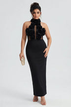 Curveins Plus Size Sexy Halter Neck Large Flower Fitted Back Slit Maxi Dress