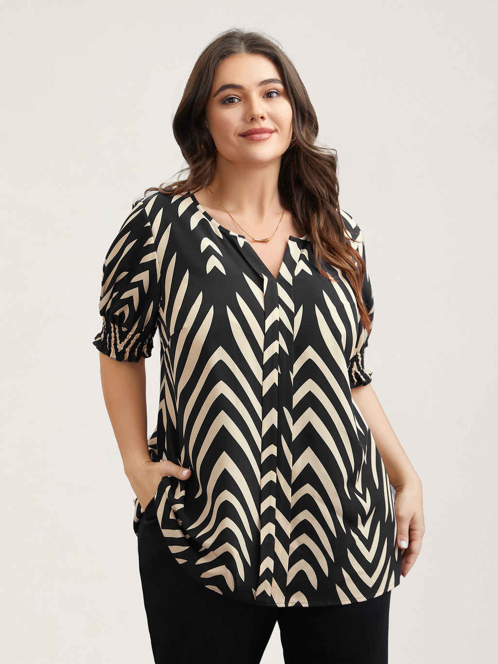 Geometric Print Ruffled Shirred Blouse