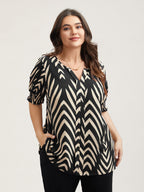 Geometric Print Ruffled Shirred Blouse