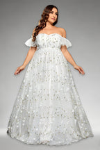 Curveins Plus Size Off-Shoulder Elegant Floral Detail Cinched-Waist Maxi Dress