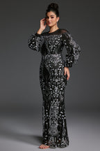 Curveins Plus Size Sheer Round Neck Puff Sleeve Patterned Sequin Bodycon Maxi Dress
