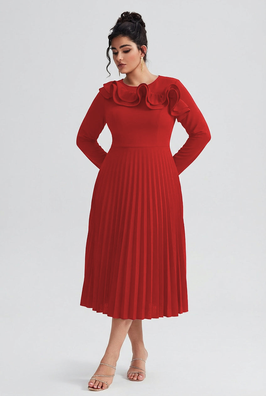 Curveins Plus Size Round-Neck Ruffled Long-Sleeve Elegant Pleated Maxi Dress