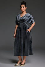 Curveins Plus Size V-Neck Batwing Sleeve Pleated A-Line Velvet Midi Dress