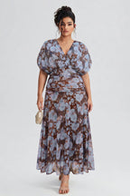 Curveins Plus Size V Neck Puff Sleeve Waist Defining Floral Print Elegant Maxi Dress