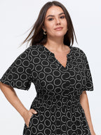 Geometric Print Waist-Cinched Tiered Midi Dress