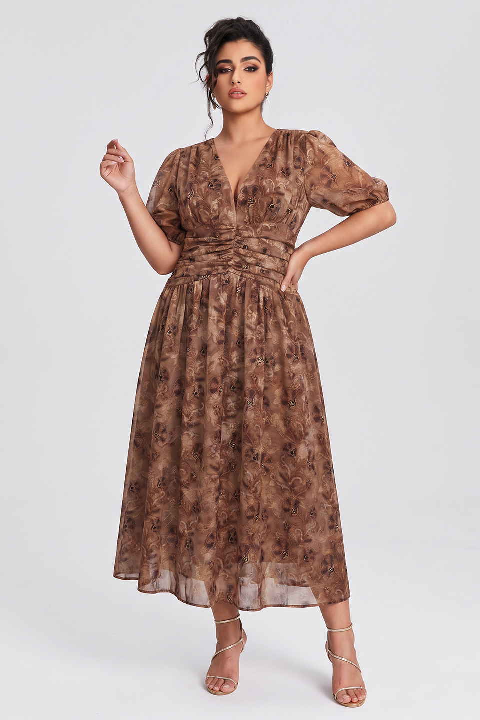 Curveins Plus Size V Neck Short Sleeve Floral Ruched Waist Flowy Elegant Maxi Dress