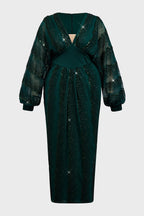 Curveins Plus Size V-Neck Sequin Balloon Sleeve Back-Slit Elegant Evening Maxi Dress